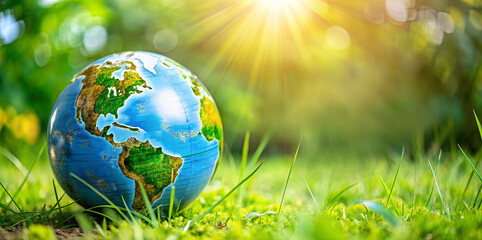 A vibrant globe depicting the continents sits on lush green grass, illuminated by warm sunlight. The serene atmosphere highlights nature's beauty and the importance of the Earth's environment