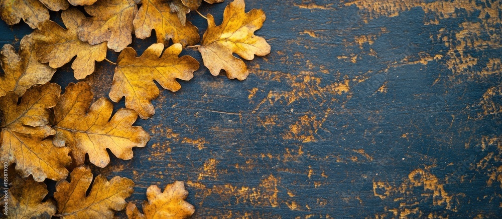 Poster autumn leaves in warm yellow and orange tones on an aged wooden table creating a scenic backdrop wit