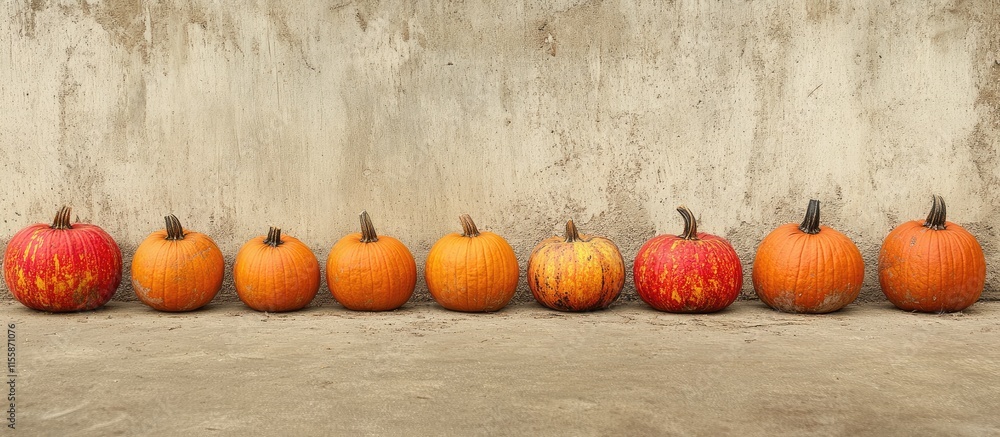 Poster autumn pumpkins arranged in a straight line on a rustic surface creating a blank space for seasonal 