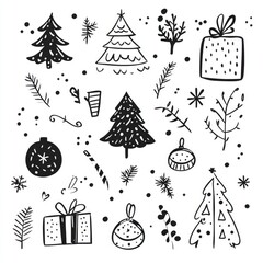 Charming Hand-Drawn Christmas Elements for New Year Greetings: Whimsical Doodles of Trees, Gifts, and Holiday Cheer