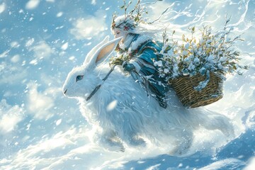 Enchanting Winter Scene with a Young Girl Riding a Giant White Rabbit Through Snowy Landscape, Capturing the Magic of Christmas and Elven Myths