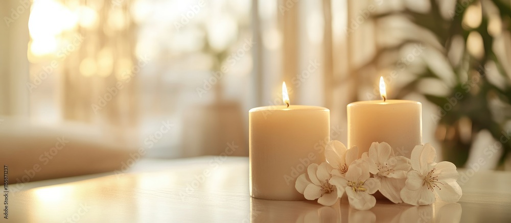 Poster calming ambiance featuring lit candles and soft flowers creating a tranquil atmosphere with empty sp