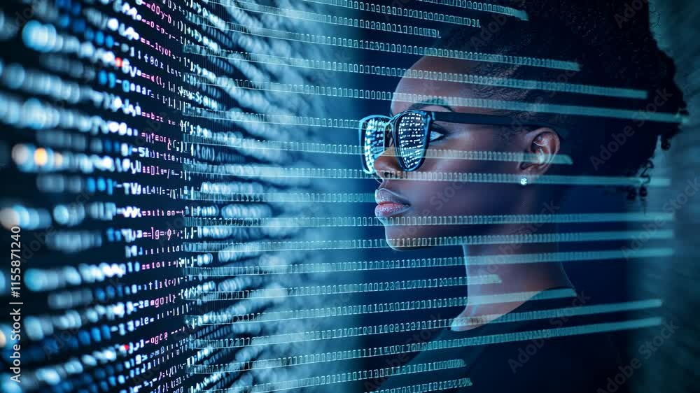 Poster woman wearing glasses gazes at digital data streams in a high-tech environment while analyzing infor