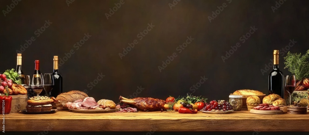 Poster banquet table set with assorted meats vegetables desserts and wine featuring an inviting empty space