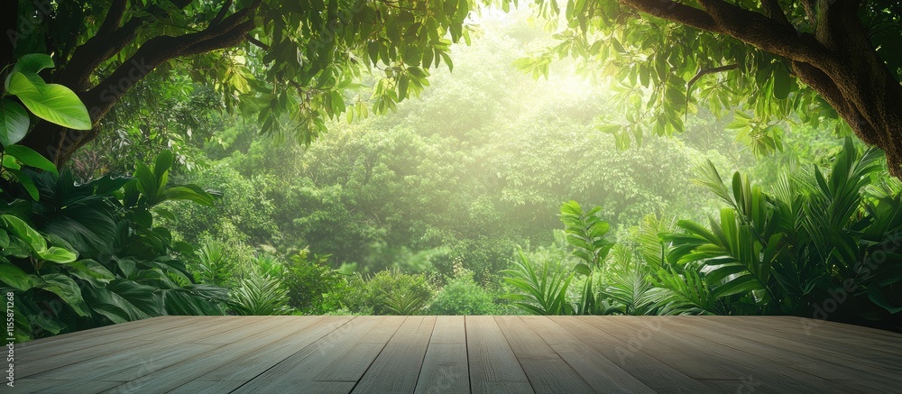 Poster banyan tree canopy in tropical rainforest with serene greenery and empty space for text or messaging