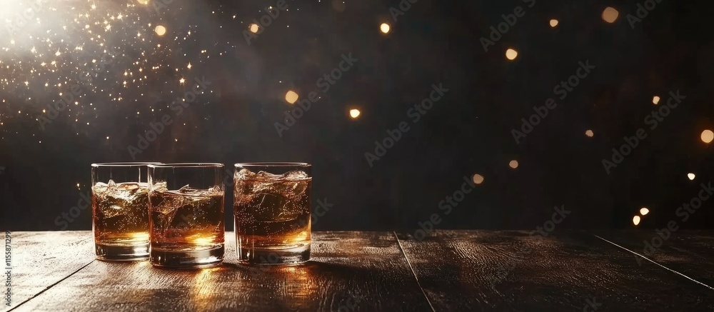Poster Elegant bar scene featuring three whiskey glasses with ice on rustic wooden table against a dark background with bokeh lights for text overlay