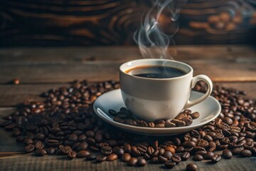Fototapeta premium Close-Up of Steaming Latte Art Coffee in Rustic Warm Setting with Roasted Beans