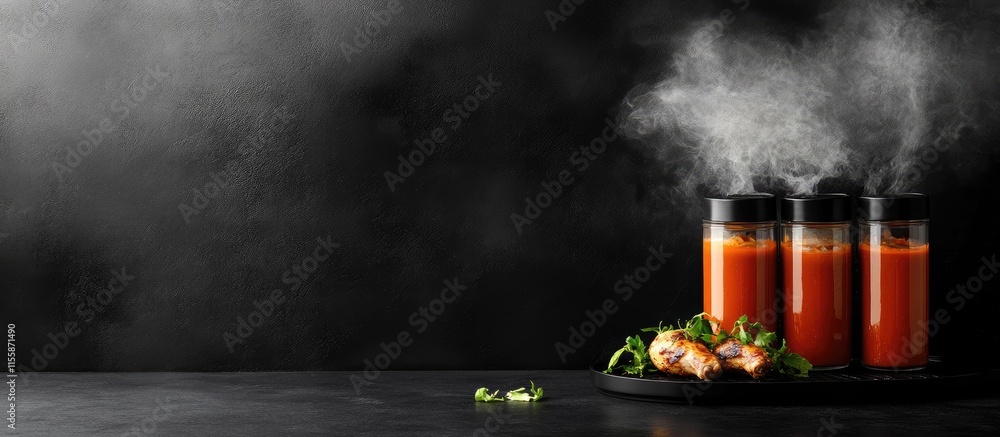 Poster grilled chicken drumsticks with barbecue sauce and empty space for text on dark background
