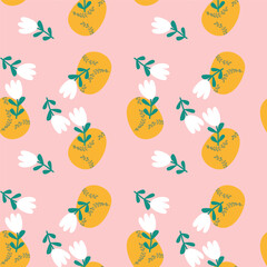 Floral pattern with yellow circles and white flowers on pink background.