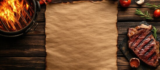 Barbecue Menu Mockup with Fire Grill Raw Steak and Wood Texture for Bold Night Dinner Copyspace Design