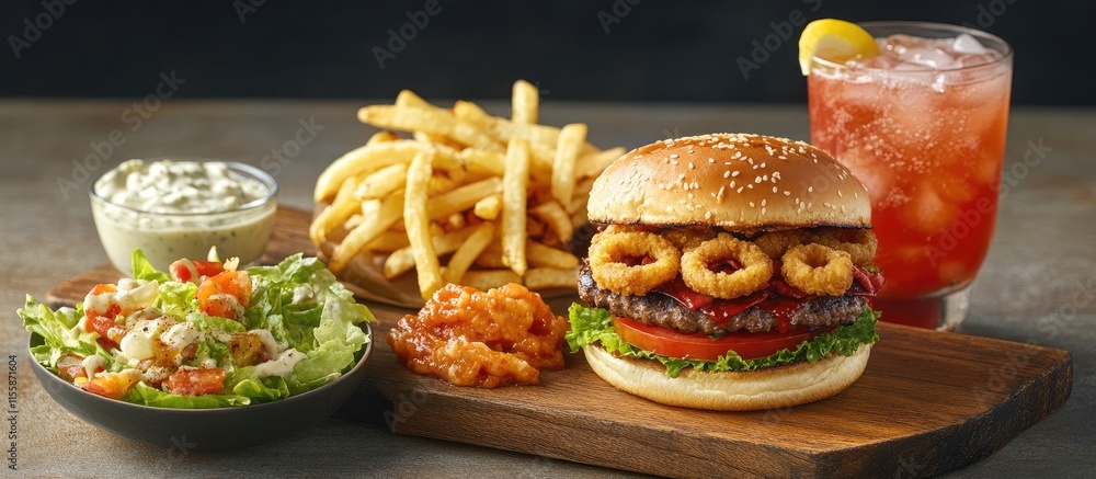 Poster delicious barbecue burger with onion strings french fries caesar salad and refreshing lemonade on a 