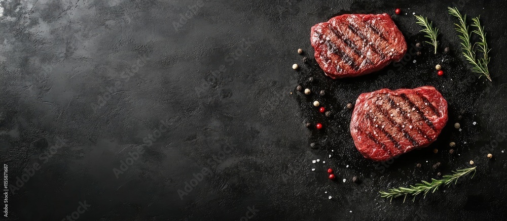 Poster barbecue grill featuring juicy steaks with grilling marks and empty space for text on a dark backgro