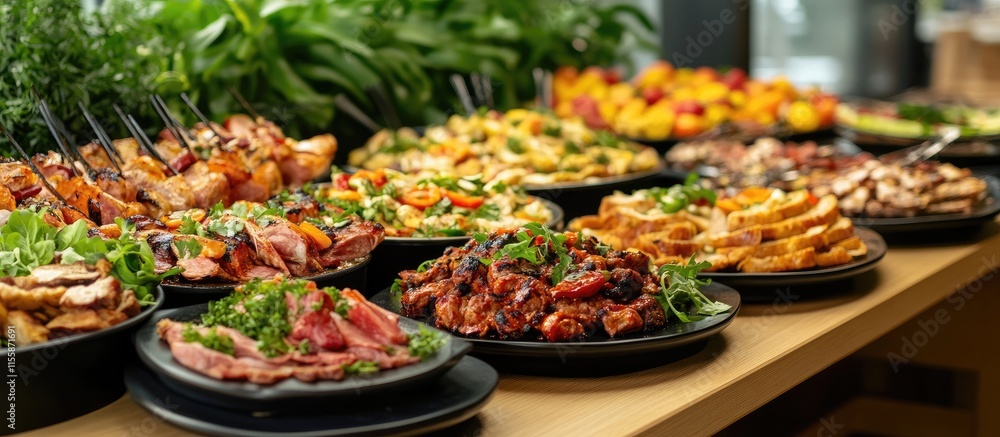 Poster Barbecue food buffet catering setup for celebration with ample dishes and empty space for customizable text on left side