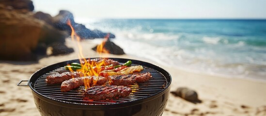 Barbecue grilling fresh meat on a small grill at sandy beach with ocean view and empty space for summer event text or promotions
