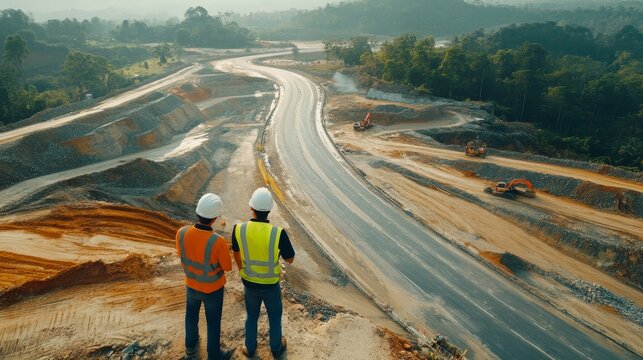 Civil engineer evaluating road construction and overseeing expressway development project