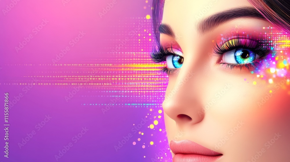 Poster a burst of rainbow lines from a bright binary circle reshapes into a human multicolored iris and pup