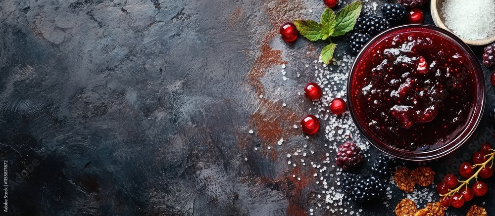 Poster black currant jam with berries sugar and bran crisps on dark background featuring empty copyspace fo
