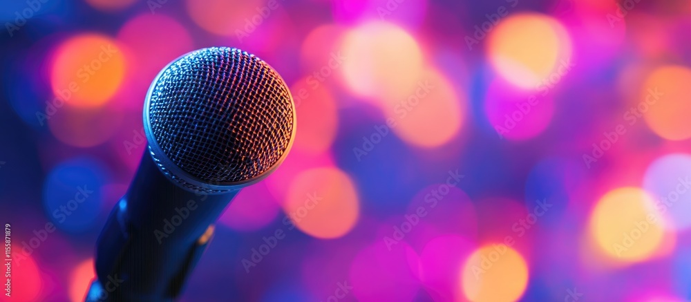 Poster black desktop microphone with blurred colorful background and empty space for text in a professional