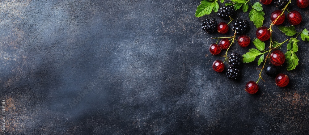 Aufkleber rustic black currant berries on dark surface with fresh green leaves and empty space for text for he