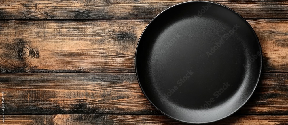 Aufkleber black empty plate on dark wood table top view simple elegant background for text placement and culin