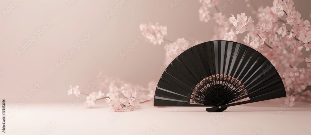 Aufkleber elegant black fan with floral design 3d render on neutral background with ample copyspace for text a