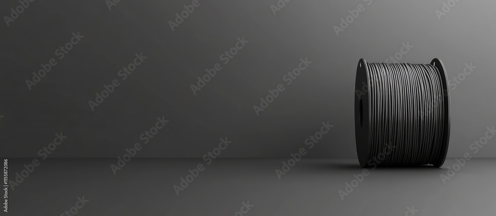 Poster black filament spool for 3d printing on gray background with empty space for text ideal for product 