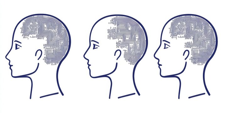 Modern AI blue line icon set with cybernetic, machine learning, and robotic themes, showcasing AI problem-solving and algorithmic concepts, 256x256 pixels, detailed icon featuring clean, editable