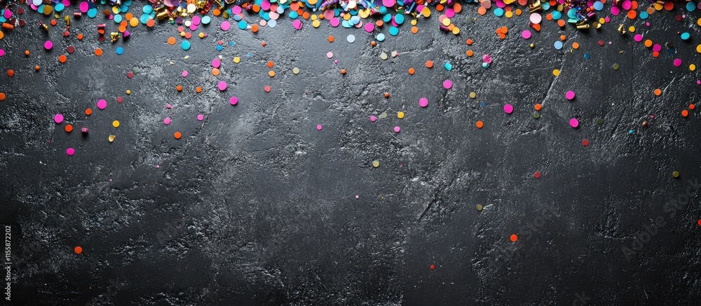 Poster black friday backdrop with colorful confetti on a textured dark surface featuring ample space for pr