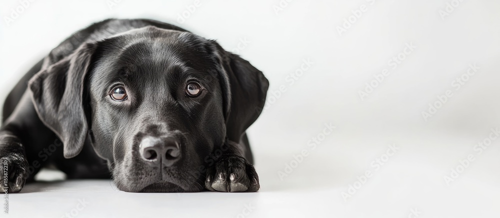 Poster black labrador retriever dog portrait resting on white background with space for your custom text an