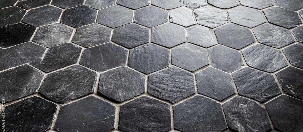 Poster hexagonal black stone tile flooring texture modern design with empty space for custom text or brandi