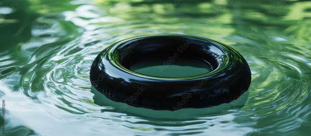 Poster black inflatable swim ring floating on water with ripples surrounded by lush greenery and ample copy