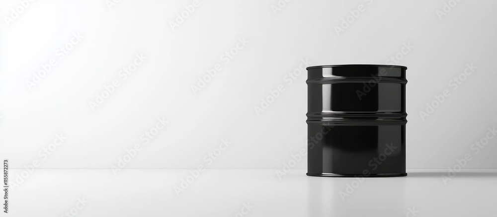Poster black oil drum on white background with ample empty space for text or graphics