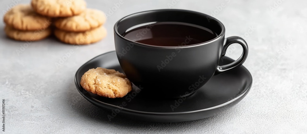 Poster black tea in a cup with homemade nut cookies on a gray backdrop showcasing ample copyspace for text 
