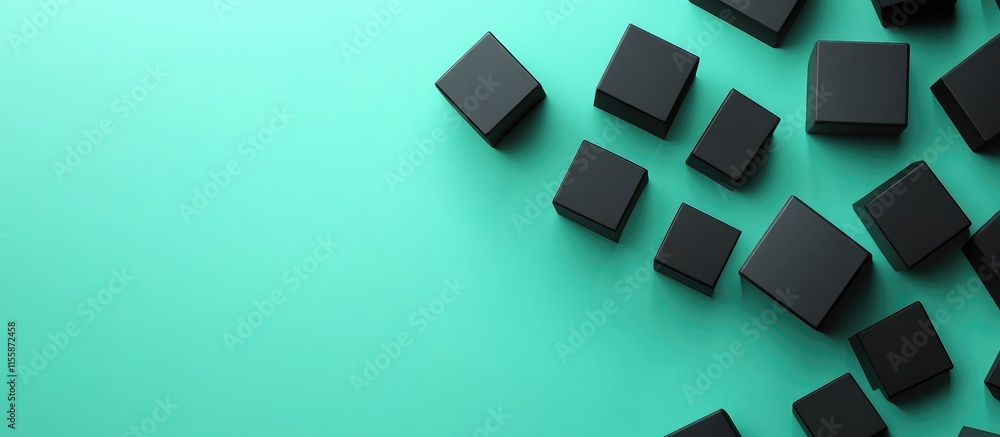 Poster geometric abstract composition with black cubes on a mint background providing ample empty copyspace