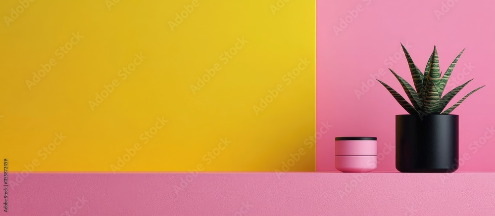 Aufkleber black container on pink and yellow background with copyspace for text showcasing modern design and m