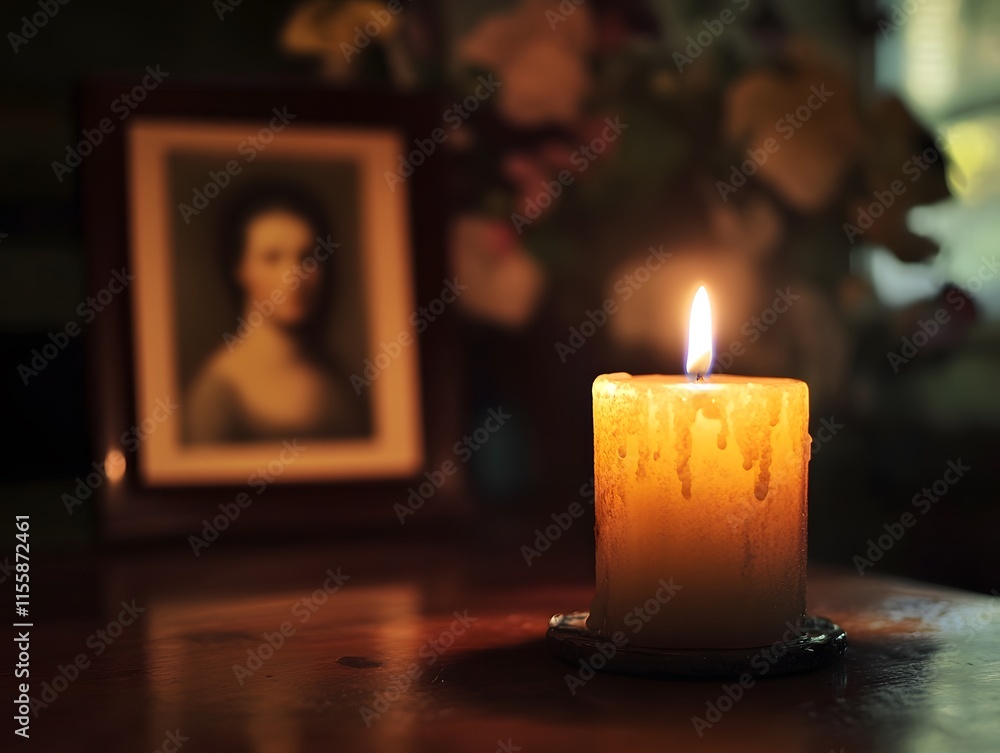 Poster softly glowing candle with warm light cast on decorative table and framed portrait surrounded by del