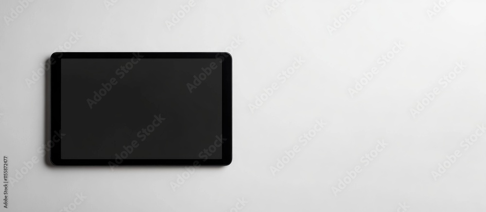 Poster stylish black digital tablet on a clean white background offering ample copyspace for text and desig