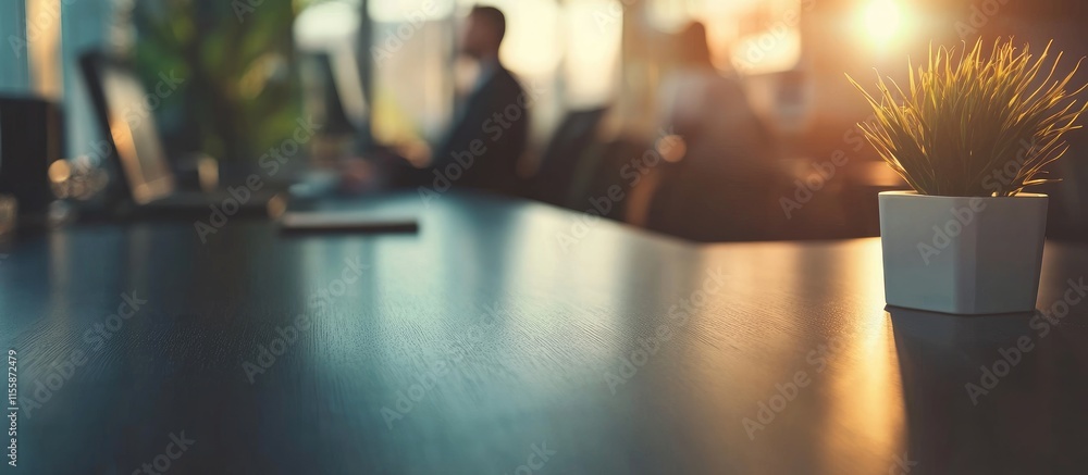 Poster modern office setting with blurred professionals discussing in background warm light and plant focus