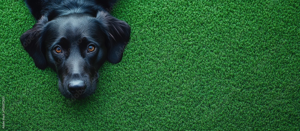 Poster black dog resting on green grass looking at the camera with ample copyspace for text and design elem