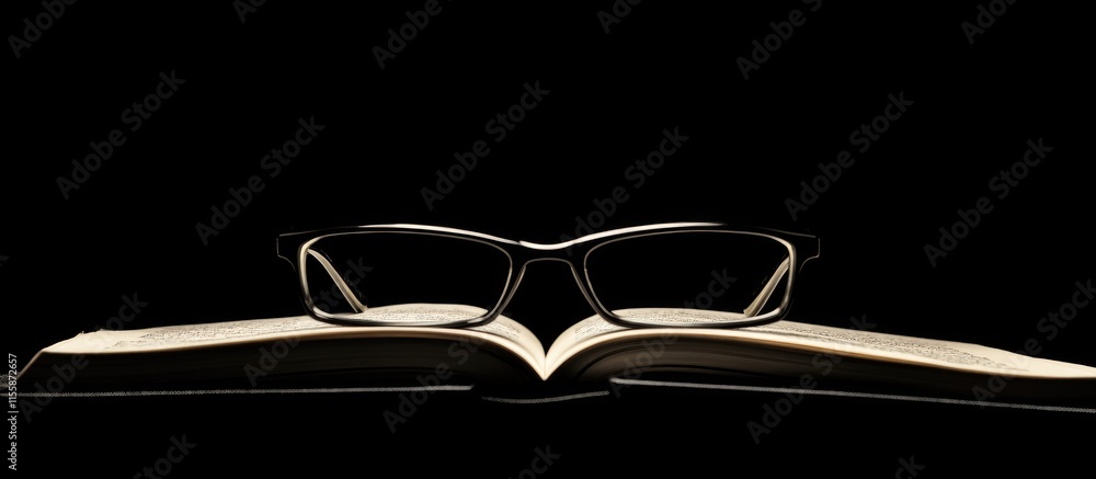 Aufkleber black eyeglasses on an open book with empty copyspace for text on a dark background emphasizing busi