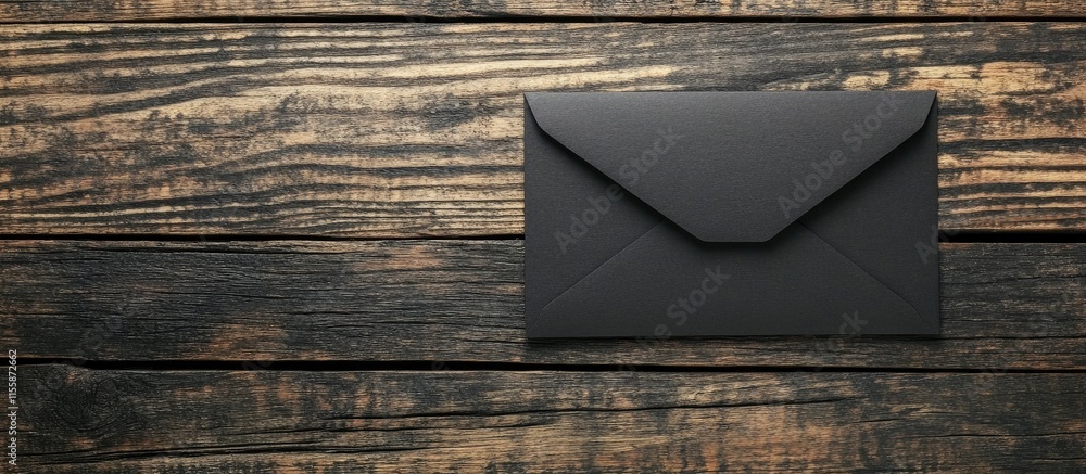 Poster black envelope on rustic wooden table with ample copyspace for text creative design concepts and inv