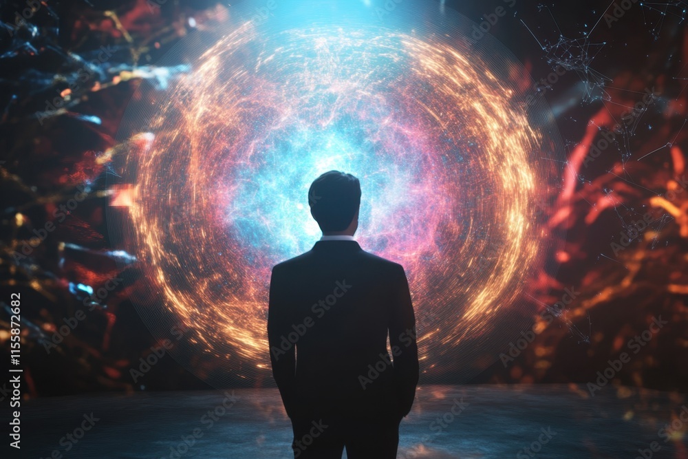 Poster man observing a colorful cosmic phenomenon in a dark room during a digital display event