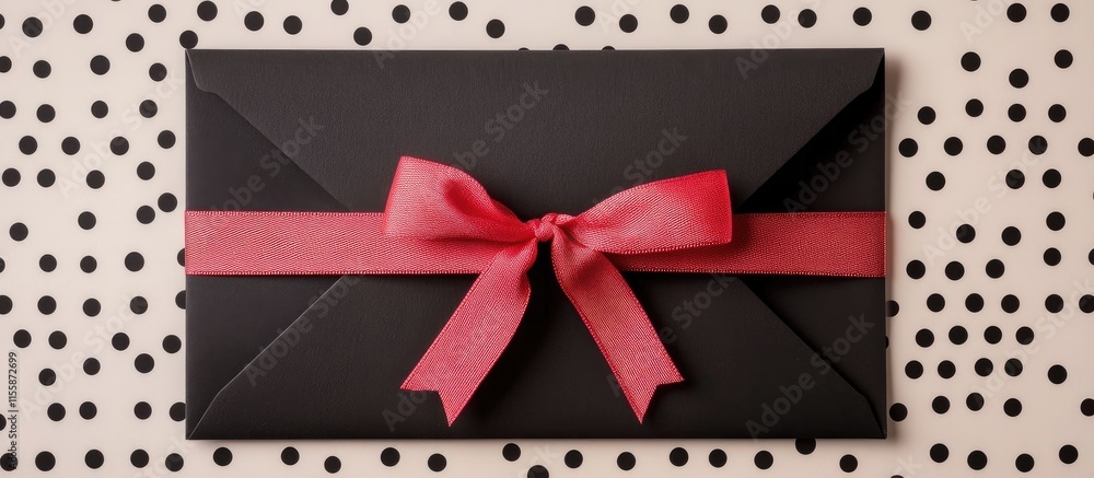 Poster elegant black envelope with red ribbon on a polka dot background creating a stylish template for inv