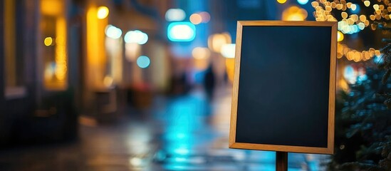 Black chalkboard sidewalk sign at night with glowing street lights and blur effect providing ample copyspace for advertising or text.