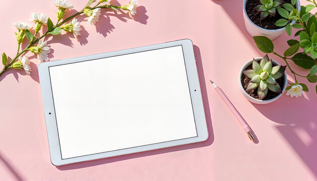 Tablet mockup with pink background, greenery and flowers plant, pencil on workspace - Powered by Adobe
