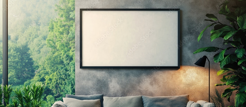 Poster black framed mould on living room wall with forest view providing textured background and ample empt