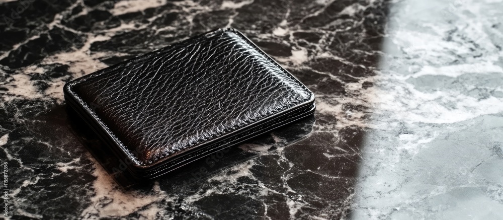 Poster elegant black leather wallet resting on a polished marble surface with ample space for custom text o