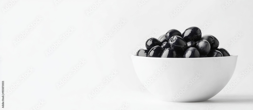 Poster black olives in a white bowl on a minimalistic background with ample space for text and design eleme
