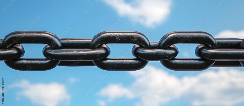 Poster black metal chain link against a bright blue sky with fluffy clouds and ample empty space for text o