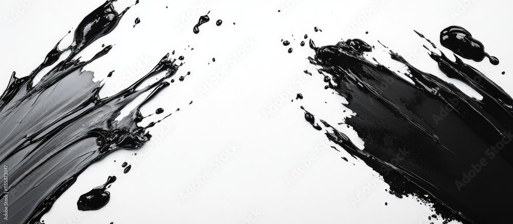 Poster black paint splatter on white surface creating an artistic backdrop with space for creative text or 